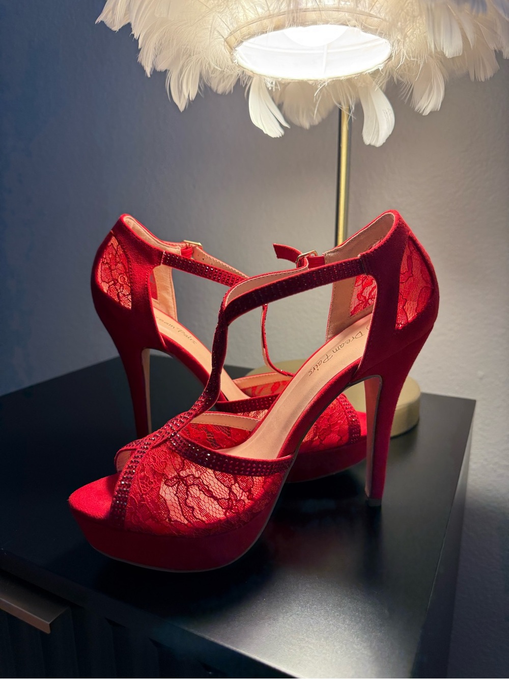 Dream Pairs Red Lace T-Strap Platform Stilettos